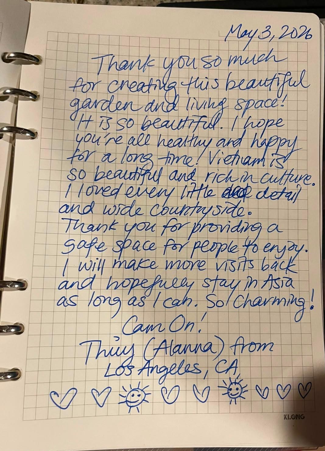Handwritten thank-you note from a guest from Los Angeles