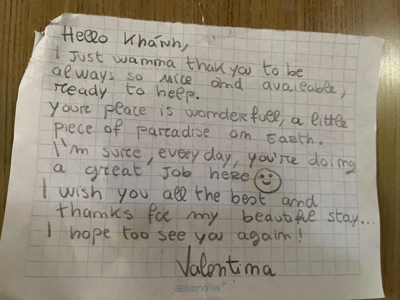 Handwritten pencil letter from a guest named Valentina thanking the host